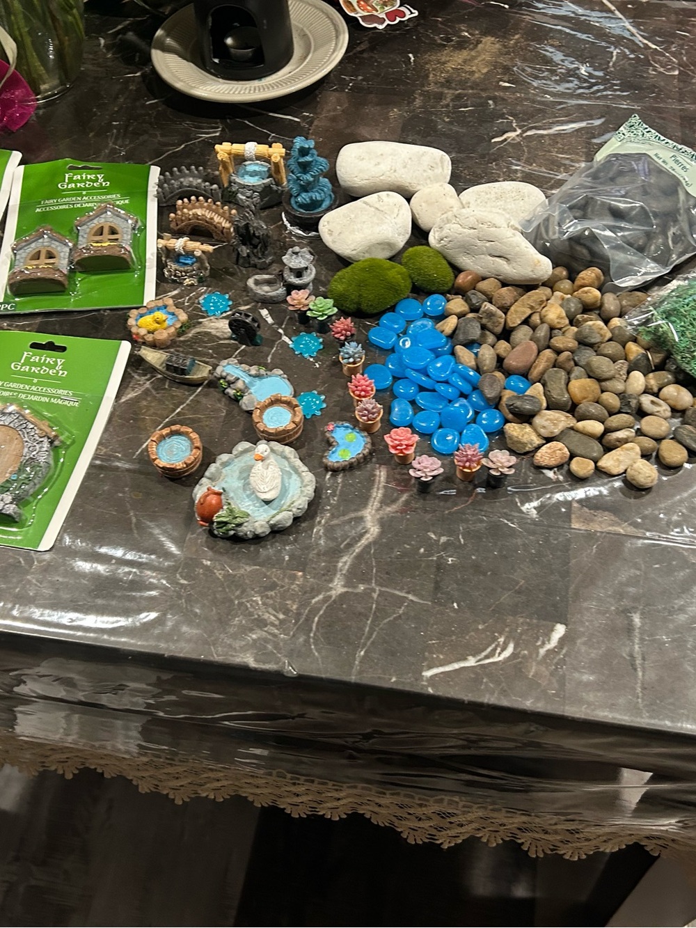 Fairy Garden Accessory Lot with Blue Glass Pebbles and Miniature Fountains - Picture 2 of 4